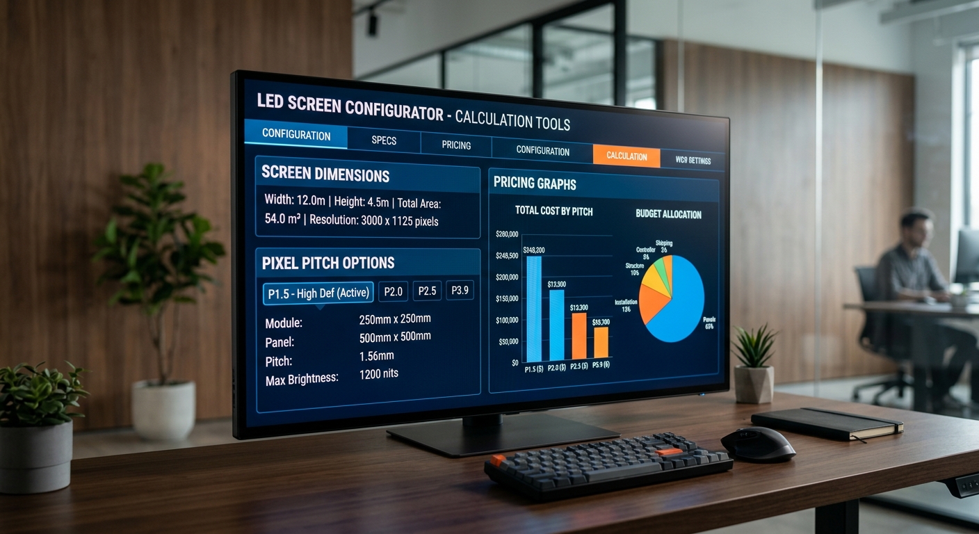 ภาพหน้าจอเครื่องคำนวณขนาดและงบประมาณสำหรับการติดตั้งจอ LED แสดงสัดส่วนระยะการมองเห็นและงบประมาณอย่างชัดเจน
