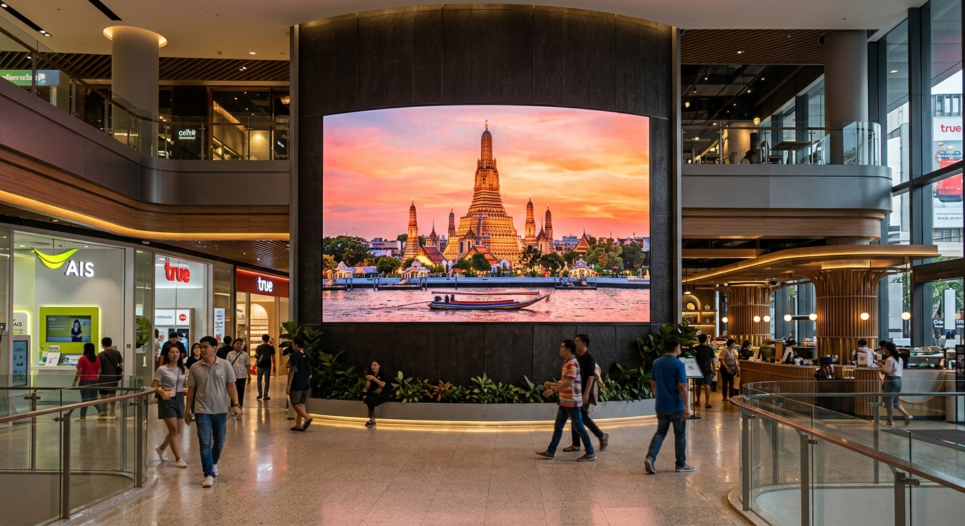 ภาพจอ LED ขนาดใหญ่แสดงข้อมูลและกราฟิกที่สดใสในพื้นที่สาธารณะที่มีผู้คนเดินผ่านไปมา
