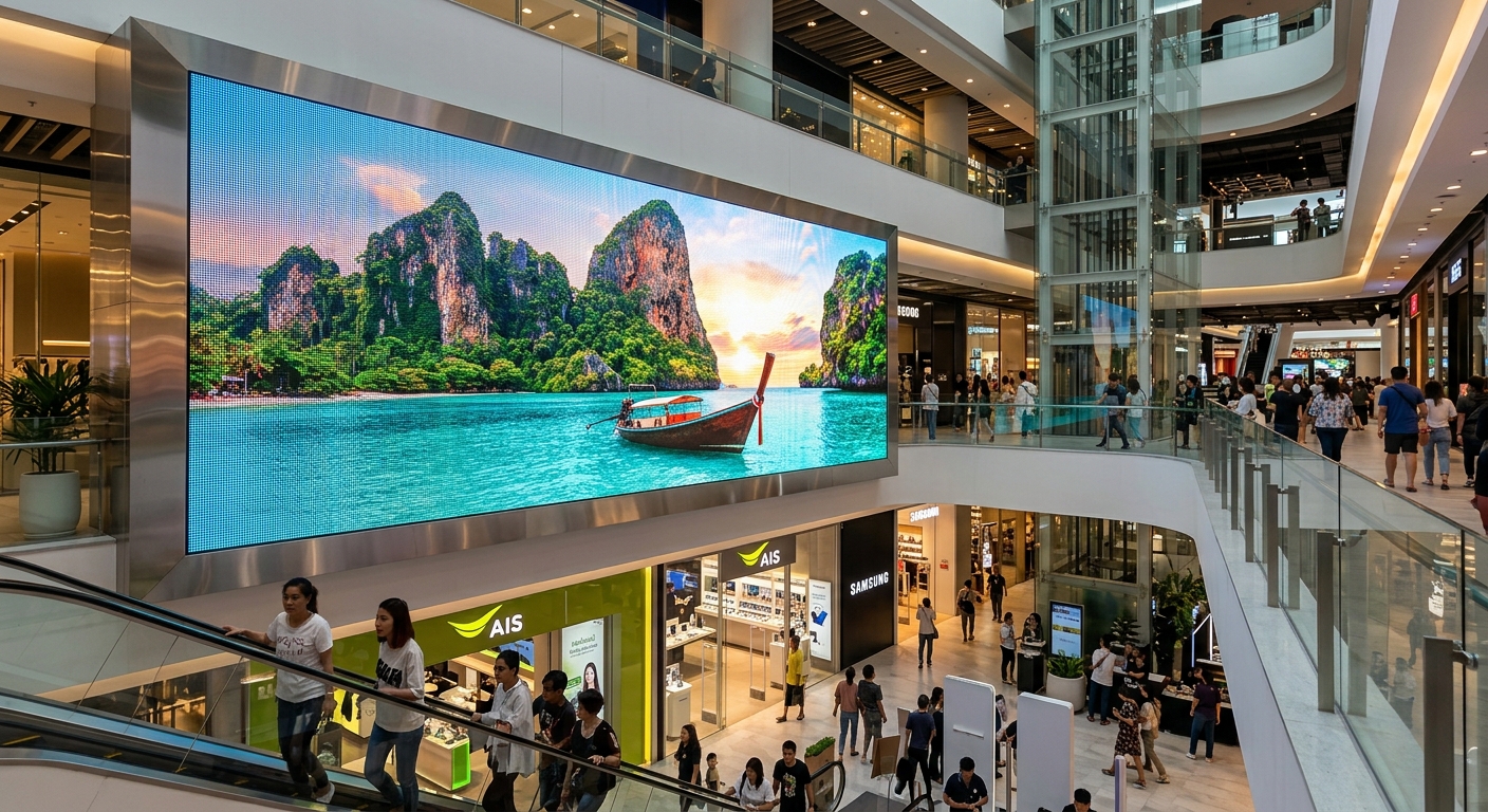 ภาพจอภาพ LED ขนาดใหญ่ติดตั้งในล็อบบี้โรงแรมหรูหราแสดงภาพทิวทัศน์ธรรมชาติที่คมชัด