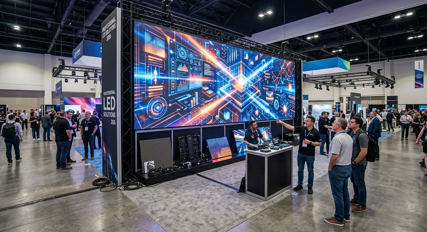 ภาพหน้าจอ LED Indoor ติดตั้งในห้องประชุมพร้อมเส้นวัดระยะมองจากผู้ฟัง — วิธีคำนวณขนาดจอ LED
