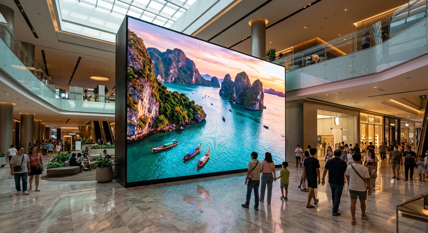 ภาพมุมกว้างของศูนย์การค้าที่มีจอ LED ขนาดใหญ่แสดงผลภาพกราฟิกสีสันสดใส ดึงดูดสายตาผู้คน