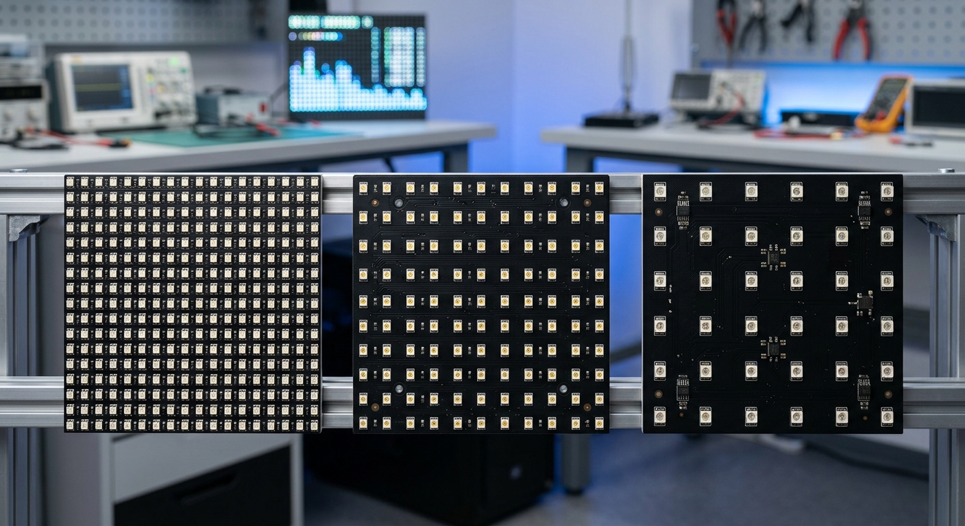 ภาพเปรียบเทียบความละเอียดของแผงโมดูลจอ LED P2.5 P3 และ P4 แสดงระยะห่างระหว่างเม็ดพิกเซลอย่างชัดเจน