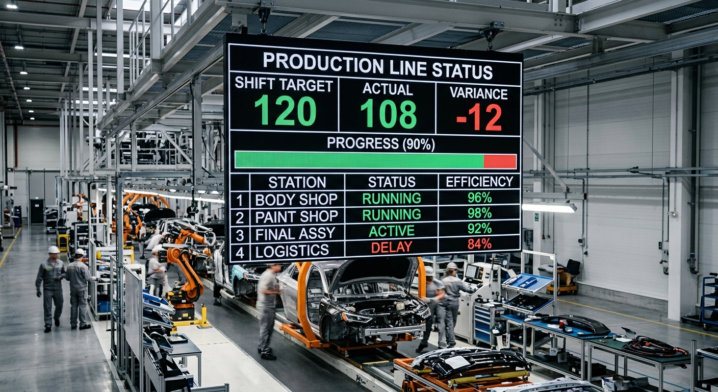 จอแสดงผล LED อุตสาหกรรมขนาดใหญ่ แสดงสถานะการผลิตแบบ Real-time ในสายการผลิตของโรงงานประกอบรถยนต์