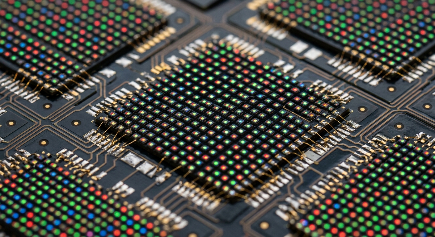 ภาพระยะใกล้ของเทคโนโลยี MicroLED แสดงพิกเซลขนาดเล็กมากที่ให้ความคมชัดสูง