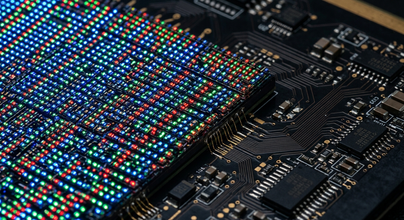 เปรียบเทียบภาพระยะใกล้ของเม็ดพิกเซล MicroLED และ MiniLED แสดงความละเอียดที่แตกต่างกัน