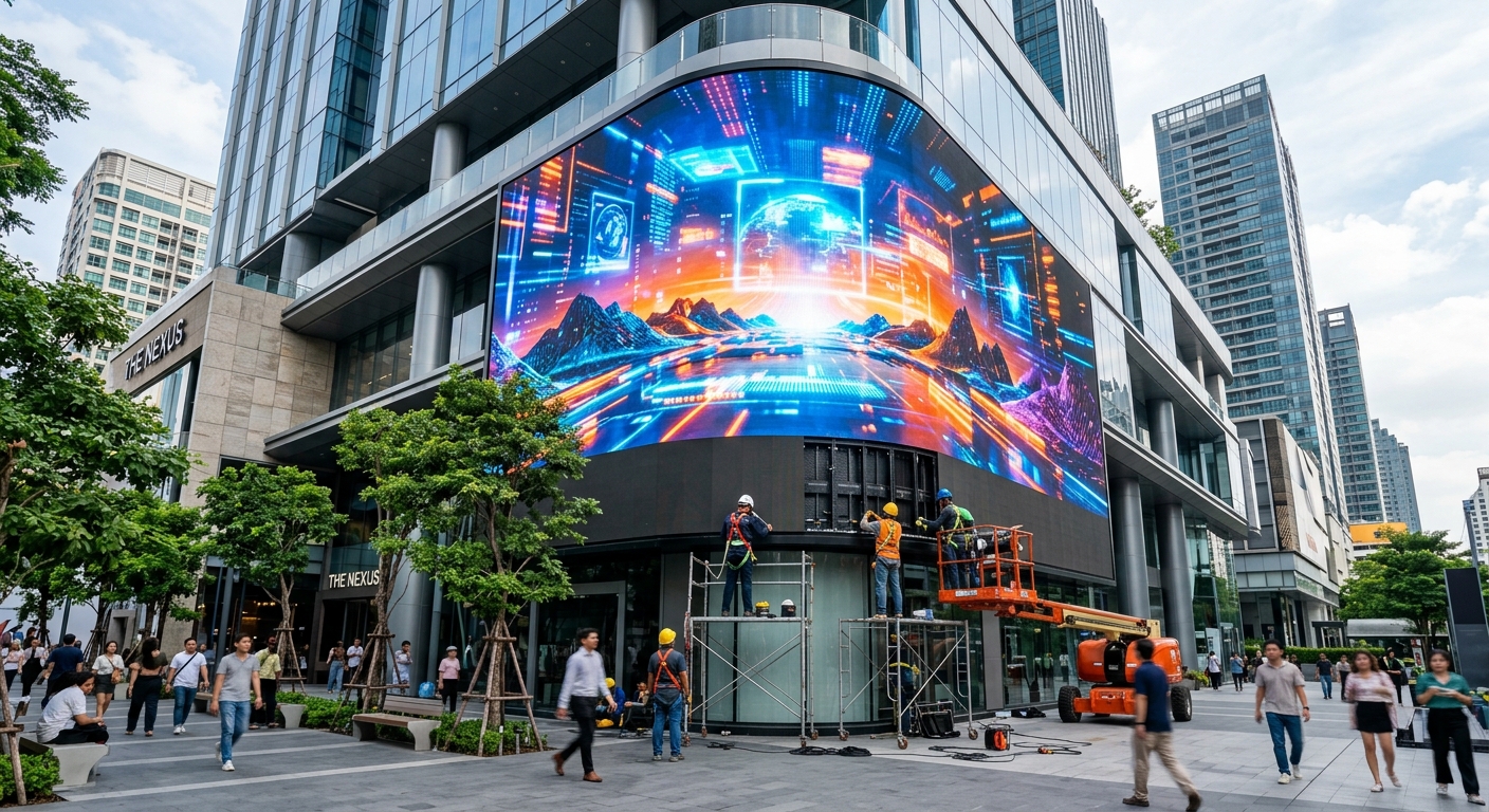 จอ LED โปร่งใสติดตั้งบนกระจกหน้าร้านค้า แสดงสินค้าด้านในและโปรโมชั่นดิจิทัลทับซ้อนกัน