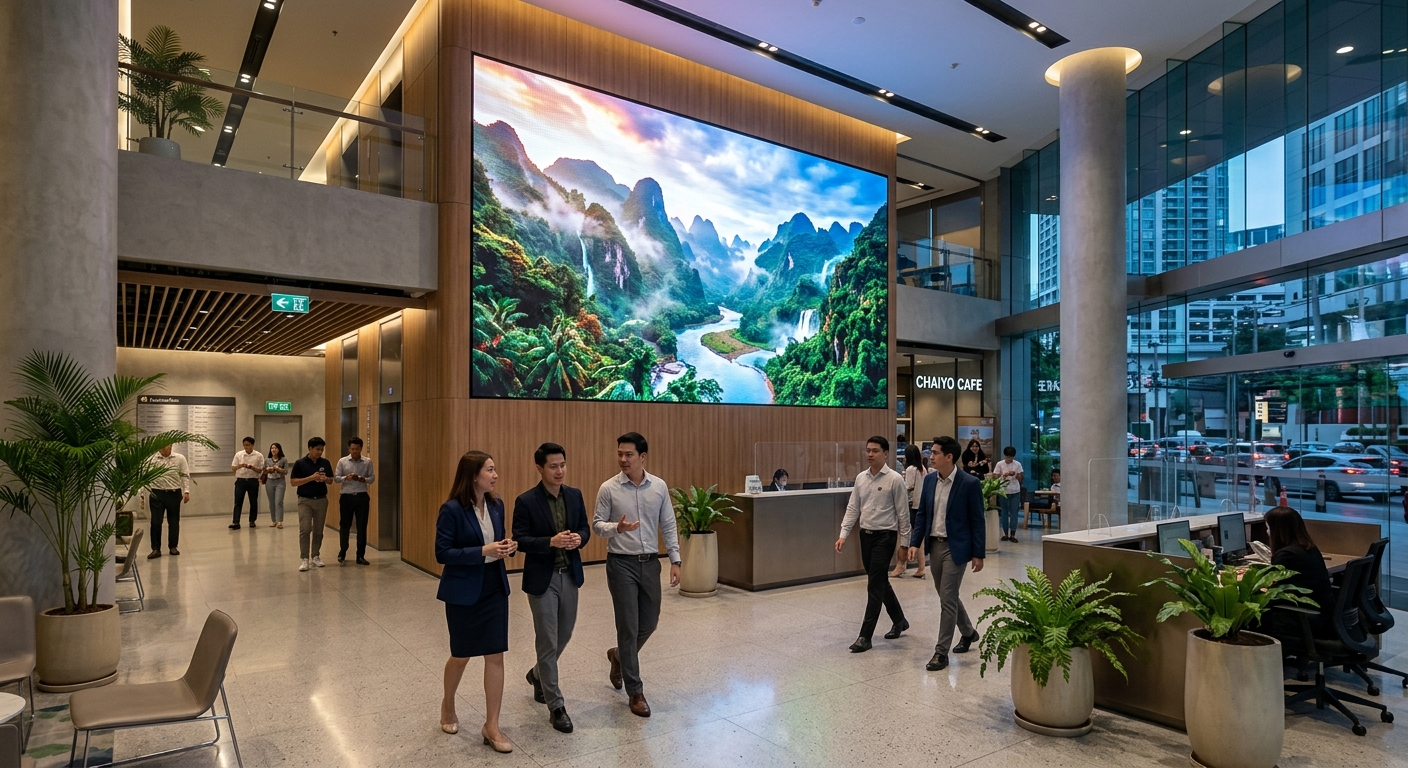 จอ LED ขนาดใหญ่แสดงเมนูดิจิทัลและโปรโมชั่นภายในร้านอาหารเครือที่ทันสมัย พร้อมลูกค้ากำลังสั่งอาหาร