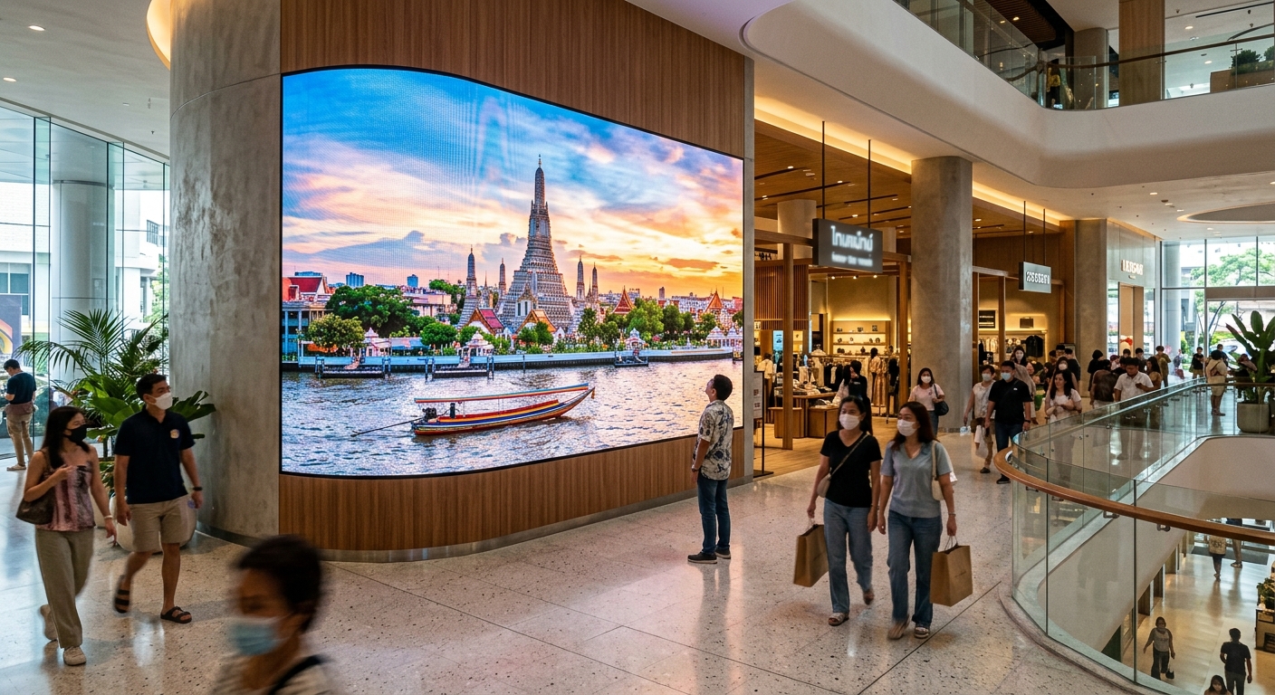 ภาพจอ LED ขนาดใหญ่ตั้งอยู่หน้าอาคารสำนักงาน อบต. หรือเทศบาล แสดงข้อมูลข่าวสารที่เป็นประโยชน์ต่อประชาชนอย่างชัดเจน