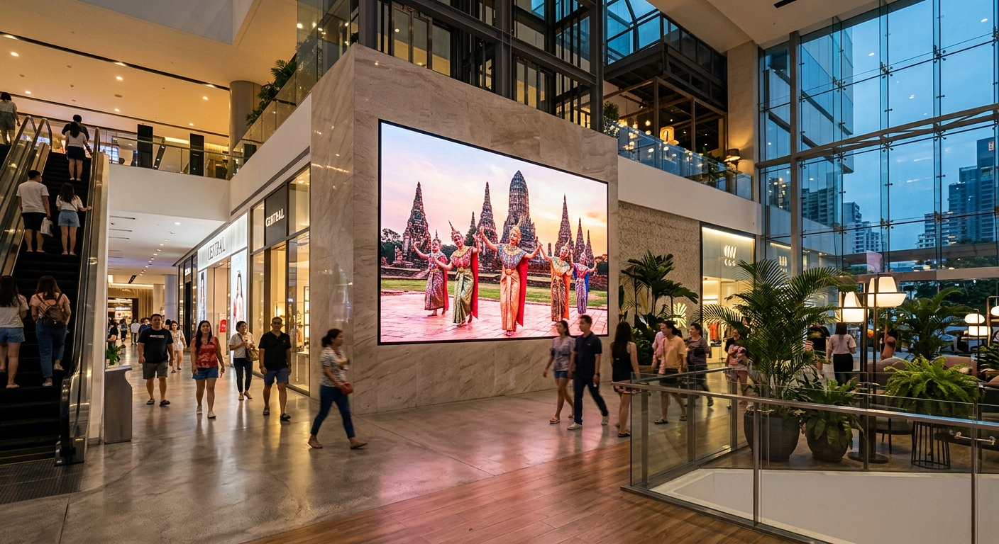 ภาพรวมของเทคโนโลยีจอ LED ที่ล้ำสมัย แสดงถึงจอ MicroLED, MiniLED, จอโปร่งใส และจอแบบยืดหยุ่นในสภาพแวดล้อมที่หลากหลาย