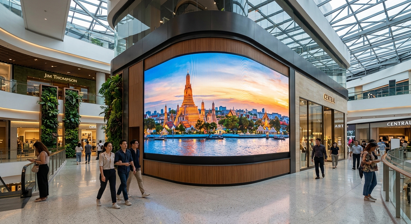 จอ LED ขนาดใหญ่แสดงเมนูและโปรโมชั่นภายในร้านอาหารเครือที่ทันสมัย พร้อมลูกค้าที่กำลังเลือกสั่งอาหาร