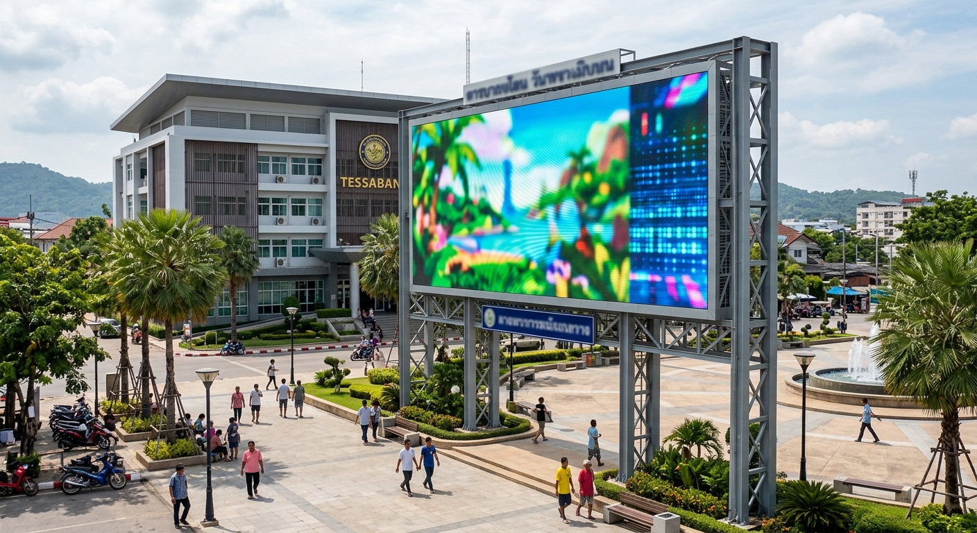 จอ LED Outdoor P5 ติดตั้งหน้าที่ทำการ อบต./เทศบาล แสดงข่าวสารท้องถิ่น