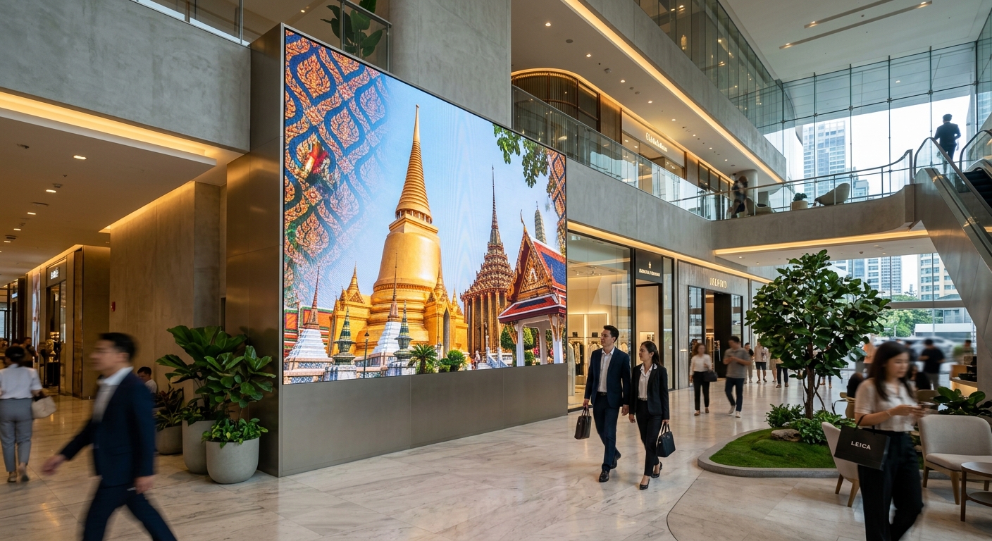 จอ LED ขนาดใหญ่แสดงผลข้อมูลข่าวสารในหอประชุมโรงเรียนที่เต็มไปด้วยนักเรียนและผู้ปกครอง