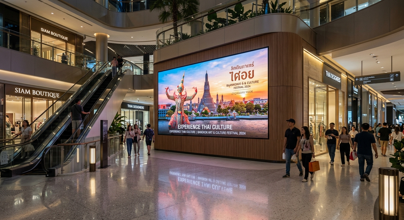 หน้าจอแสดงผล LED ขนาดใหญ่ที่กำลังแสดงกราฟิกสีสันสดใสพร้อมตัวเลขแสดงค่าพลังงานไฟฟ้าบนหน้าจออย่างชัดเจน