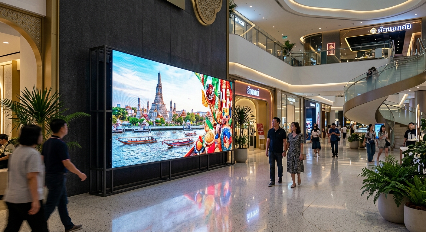 ภาพจอ LED ขนาดใหญ่แสดงข้อมูลสุขภาพในห้องโถงโรงพยาบาลที่มีผู้คนเดินผ่านไปมาอย่างเป็นระเบียบ