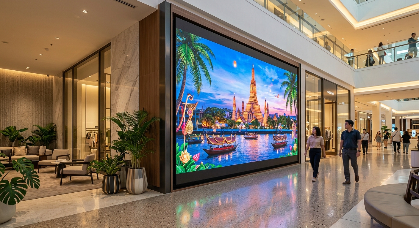ภาพมุมสูงของห้างสรรพสินค้าที่ทันสมัย แสดงจอ LED ขนาดใหญ่สว่างไสวที่ทางเข้าและภายในอาคาร ดึงดูดความสนใจของผู้คนที่เดินผ่านไปมา.