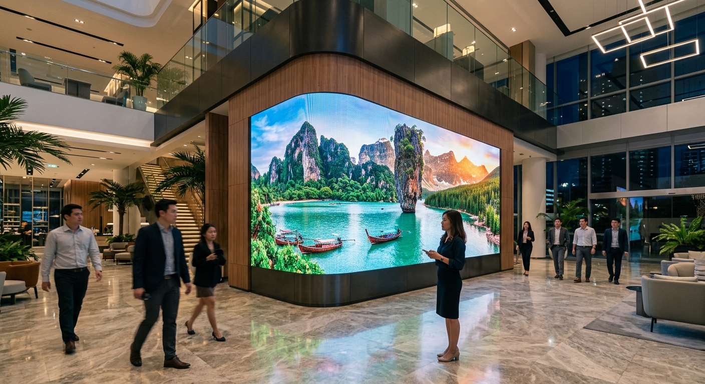 จอ LED ขนาดใหญ่แสดงโฆษณาและโปรโมชั่นดึงดูดสายตาในโถงทางเดินหลักของห้างสรรพสินค้าที่ทันสมัย