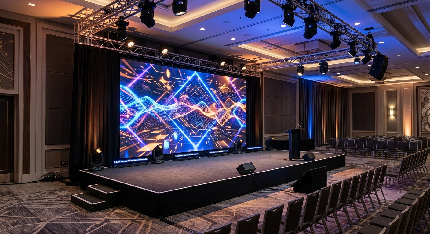 จอ LED เวที ขนาดใหญ่ 6x3.5 เมตร บนเวทีสัมมนาในโรงแรมหรู
