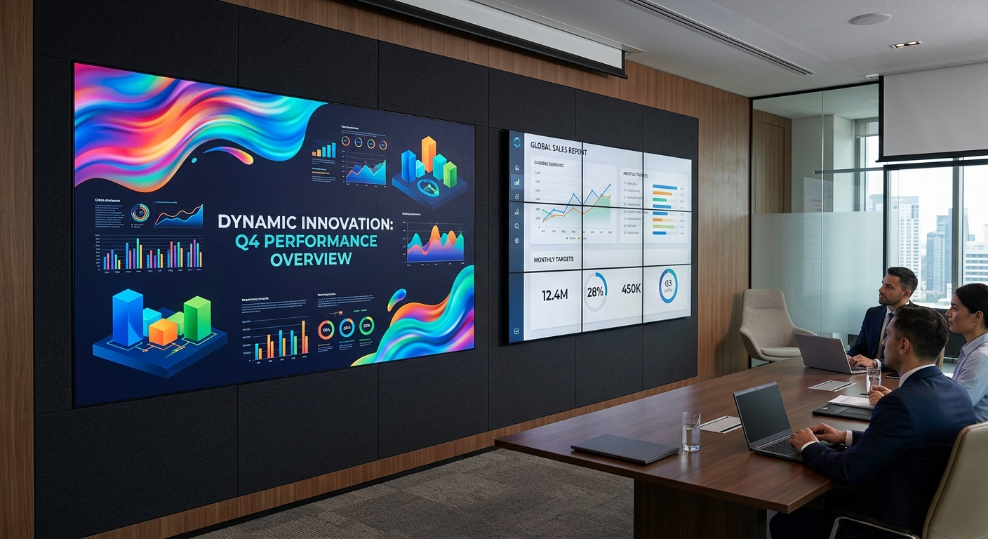 การเปรียบเทียบระหว่างหน้าจอ LED แบบไร้รอยต่อขนาดใหญ่กับระบบ LCD video wall ที่มีขอบจอสีดำบางๆ กั้นระหว่างเครื่องในห้องประชุมระดับองค์กร