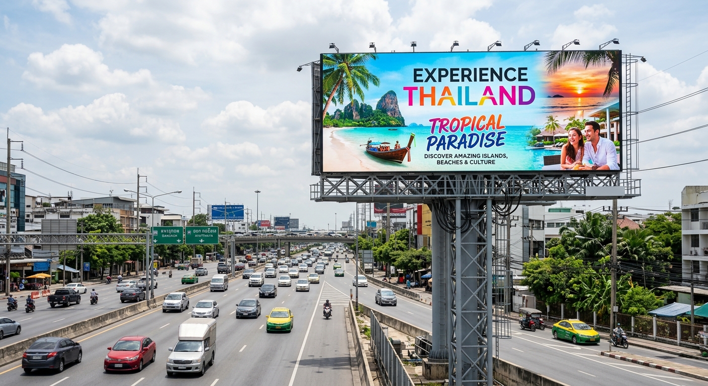 ภาพจอโฆษณา LED outdoor ขนาดใหญ่ติดตั้งบนโครงสร้างเหล็กแข็งแรงริมถนนหลัก แสดงภาพกราฟิกสีสันสดใสคมชัด