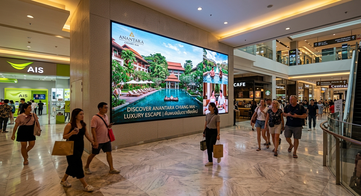 ภาพจอโฆษณา LED P5 outdoor ขนาดใหญ่ติดตั้งเด่นสง่าอยู่หน้าอาคารร้านค้าริมถนนหลักในเวลากลางวัน