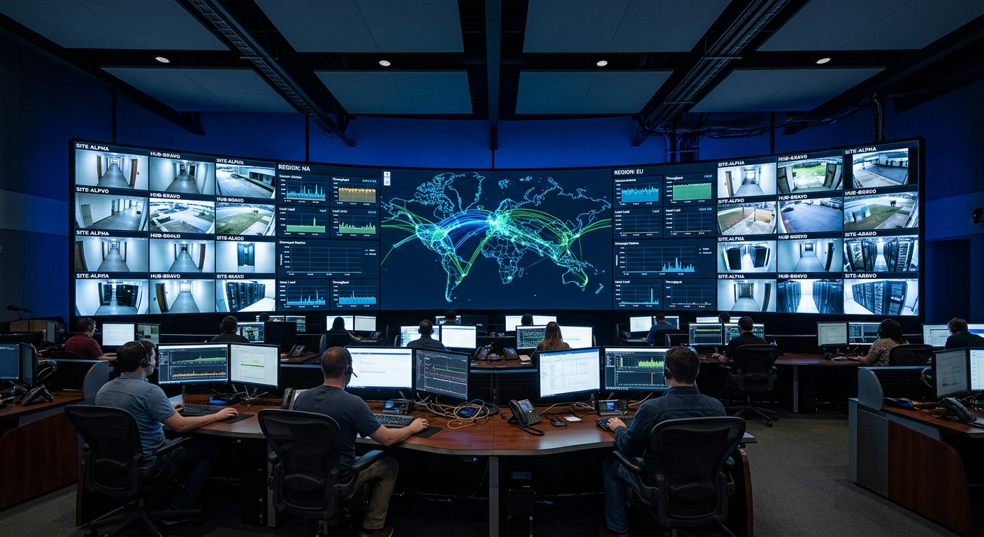 จอ LED control room ขนาดใหญ่แสดงแผนผังเครือข่ายและข้อมูลสถิติแบบเรียลไทม์ในห้องศูนย์ควบคุมที่ทันสมัย