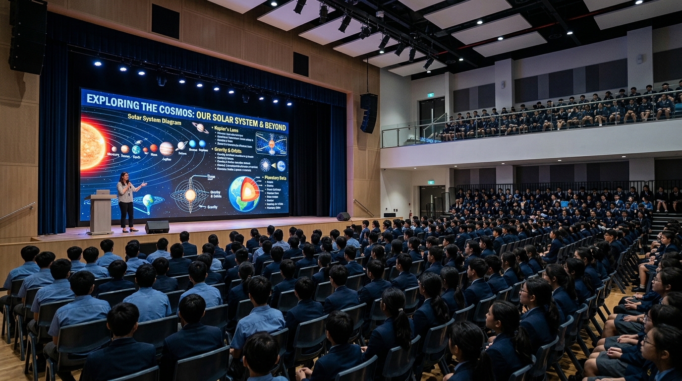 ภาพจอแสดงผล LED ขนาดใหญ่ติดตั้งอยู่บนเวทีหอประชุมของโรงเรียน แสดงภาพกิจกรรมการเรียนการสอนที่มีสีสันสดใสชัดเจน