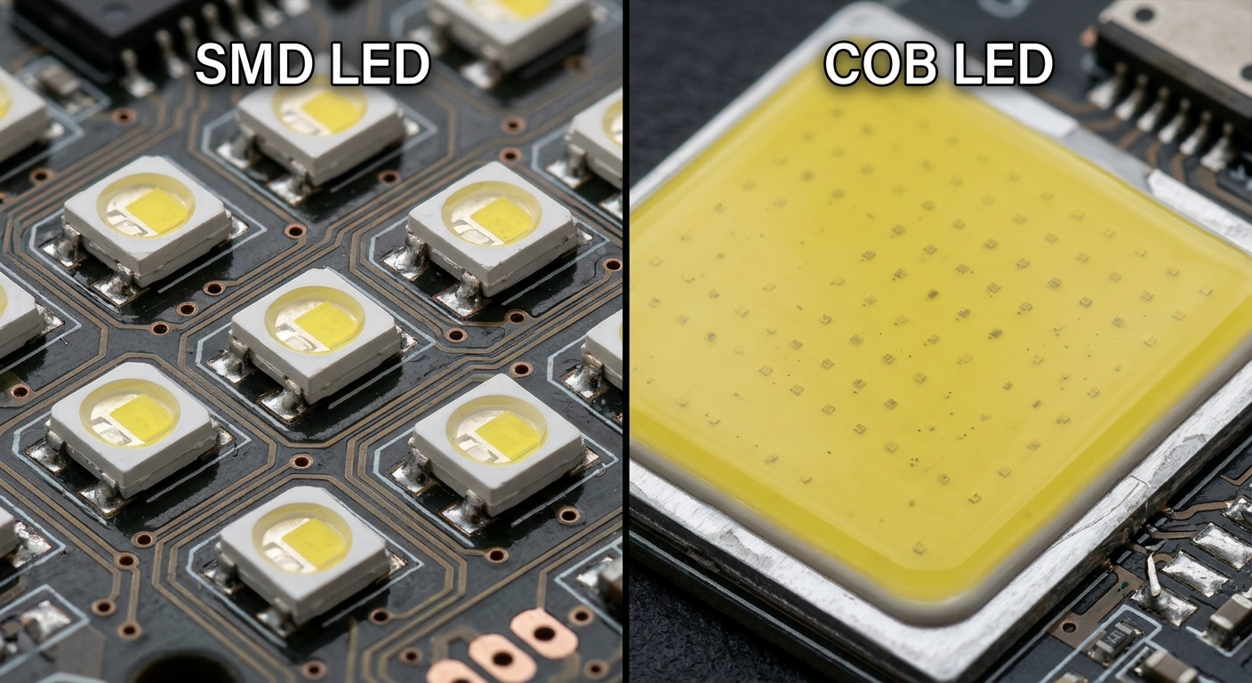 ภาพเปรียบเทียบโครงสร้างชิป SMD LED และ COB LED บนแผงวงจรแสดงผลสีน้ำเงินและสีดำ