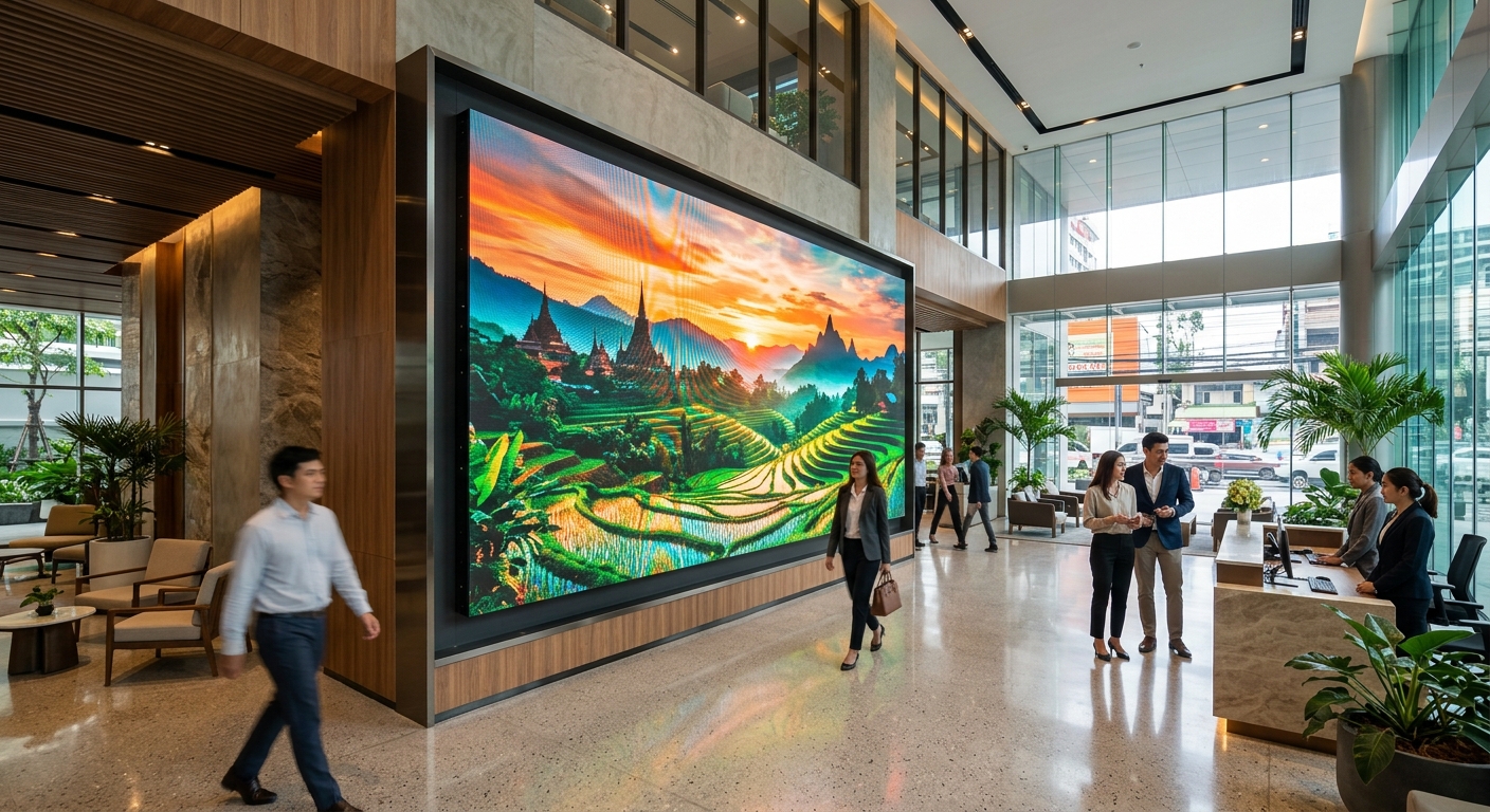 ภาพรวมของเทคโนโลยีจอ LED ที่ล้ำสมัย แสดงถึงนวัตกรรมต่างๆ เช่น จอใส จอโค้ง และ MicroLED ในสภาพแวดล้อมที่ทันสมัย