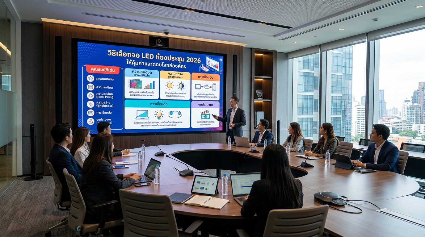 ห้องประชุมทันสมัยพร้อมจอ LED ขนาดใหญ่ แสดงข้อมูลการประชุมอย่างชัดเจน